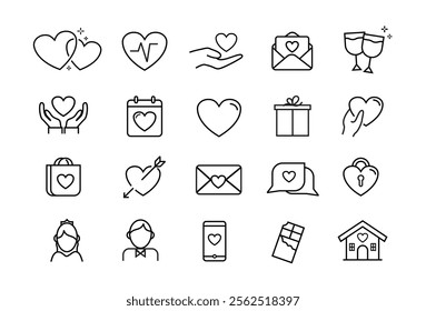 Icon set Love. Heart, Valentines day and Relationships. Romantic linear icon set. Quality line set. Vector