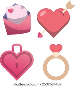 Valentine’s Icon Set: Love Letter, Heart Lock, Wedding Rings