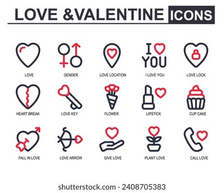 icon set love theme.2 line color.contains heart gender, iloveyou, location, soul mate, broken heart, beautiful, flower bouquet, lipstick, arrow, telephone, love. editable stroke vector illustration.