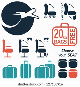 Icon set of luggage and seats for travel by plane