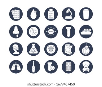 Conjunto de iconos del concepto pulmón y covid 19 sobre fondo blanco, estilo de bloque, ilustración vectorial