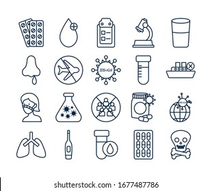 Icon set of lung and covid 19 concept over white background, line style, vector illustration