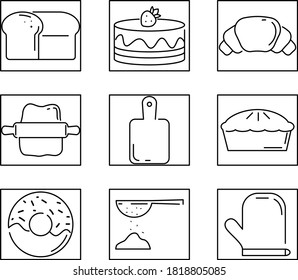 Icon set made in outline style for a bakery shop