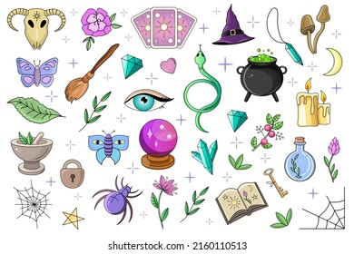 Icon set with magic items. Magic items collection. Witchcraft signs and objects set for ritual. Wiccan symbols.
