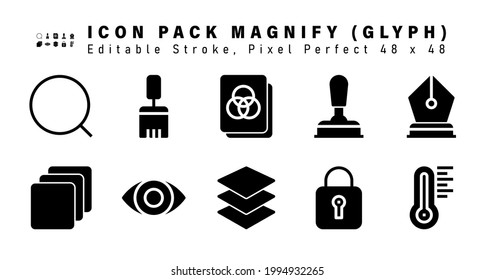 Icon Set of Magnify Glyph Icons. Contains such Icons as Pen Tool, Blend Mode, Eye, Layer etc. Editable Stroke. 48x48 Pixel Perfect
