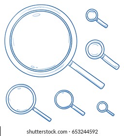 Icon set of magnifying glasses in different sizes and styles, for zoom mock ups or as search icons. Hand drawn line art cartoon vector illustration.