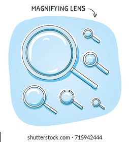 Icon set of magnifying glasses in different sizes and styles, for zoom mock ups or as search icons. Hand drawn sketch vector illustration, blue marker style coloring on plain background.