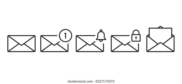 Icon set of Mail notifications. Email envelope line icon. Message letter icon vector set. New message inbox notification, received and locked messages, Envelope icon in transparent background. Eps10