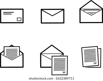 Icon set of mail process stages, featuring envelope front, opening, paper being pulled out, and letter sheet in outline style