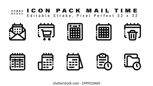 Icon Set of Mail Time Line Icons. Contains such Icons as Delete Date, Monthly Calendar, Calendar, Daily Calendar etc. Editable Stroke. 32 x 32 Pixel Perfect