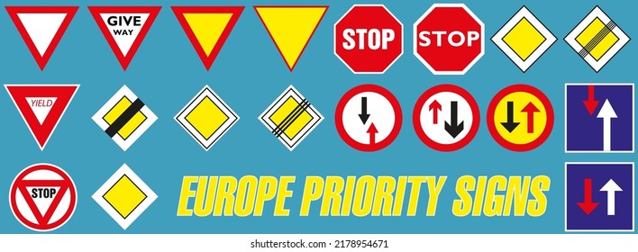 Icon set of main priority road signs. Road signs used in the European Union.