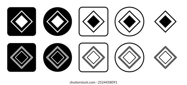 Icon set of main road sign. Filled, outline, black and white icons set, flat style.  Vector illustration on white background