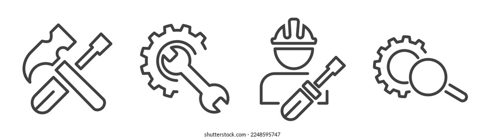 Icon Set of maintenance and support - Vector Illustration -  Tools with screwdriver, wrench and hammer - Editable Thin Line Icons Collection on white Background for Web and Print