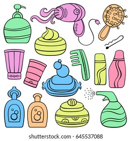 Icon set: make up, beauty and fashion supplies. Vector series of design elements or icons and accessories, relating to personal hygiene, beauty, makeup, cosmetics, hair and face care. 