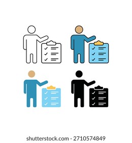 Symbolsatz eines Mannes, der auf eine Checkliste in einer Zwischenablage in Linien-, Farblinien-, Flach- und Volltonstilen zeigt. Stellt Aufgabenverwaltung, Planung, Produktivität, Inspektion und Workflowsteuerung dar.