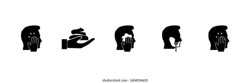 Icon set Man for shaving, various stages of shaving, Man washing, Man applying foam on his face, Beard haircut, Shaving, infographics, Editable brush stroke, On a white background