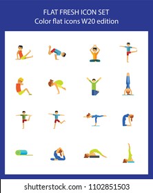 Icon set of man and woman practicing yoga poses. Relaxation exercise, meditation, pilates. Fitness concept. For topics like sport, health, wellbeing