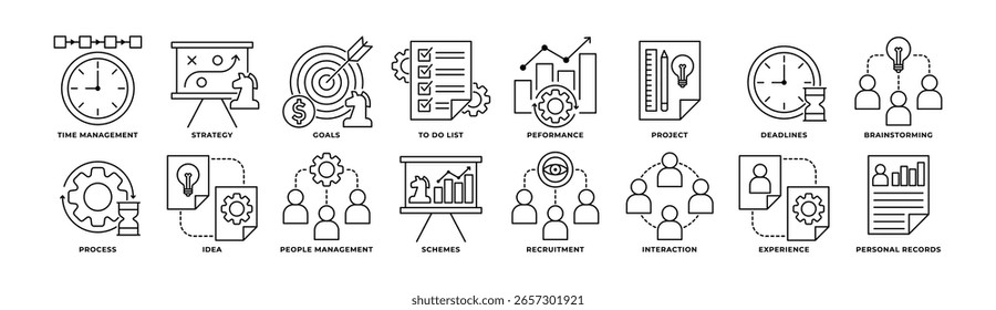 Icon Set of Management, Time Management, Strategy, Goals, To Do List, Proses and More. Icon Outline Style