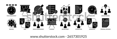 Icon Set of Management, Time Management, Strategy, Goals, To Do List, Proses and More. Icon Glyph Style