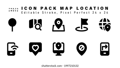 Icon Set of Map Location Glyph Icons. Contains such Icons as Location, Mobile Wifi, Favorite, Pin etc. Editable Stroke. 24 x 24 Pixel Perfect