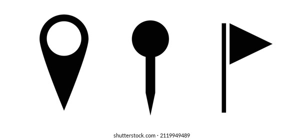 Icon set of map pins, thumbtacks and flags. Vectors.