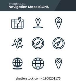 conjunto de iconos de los mapas lugar de navegación, brújula, mundo y muchos más. con el vector de estilo de línea. uso adecuado para aplicaciones web y diseño de patrones.