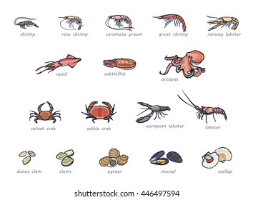 Icon set of marketable seafood, hand drawn style