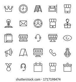 Symbolsatz für Marketing. Bearbeitbare Vektorillustration-Piktogramme einzeln auf weißem Hintergrund. Trendy-Umrisssymbole für mobile Apps und Website-Design. Premium-Paket von Symbolen im trendigen Linienstil.