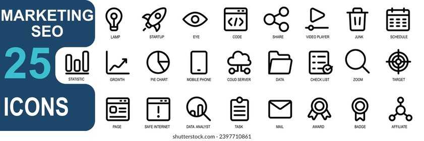 Icon set marketing and SEO. related to ideas, startups, eyes, coding, share, marketing, video player, trash, calendar, schedule, statistics, profit, growth, chart, cellphone. outline style icon set. 