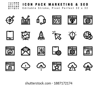 Conjunto de iconos de marketing y de iconos de línea de vectores SEO. Contiene Iconos como Website, SEO y WEB, Rocket, Idea etc. Editable Stroke. 32x32 Perfecto para píxeles
