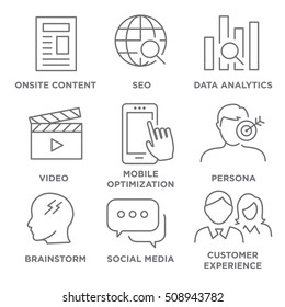 Icon Set for Marketing Strategy - SEO, mobile optimization, brainstorming, social media, data analytics, etc