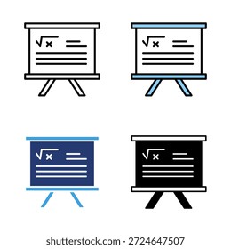 O ícone define a apresentação do painel de matemática. Linha de ícone, glifo e plano com fundo branco isolado de cor azul.
