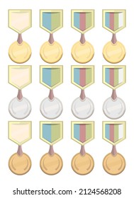 Icon set of medals in three flat colors: gold, silver and copper with colored stripes. For reward and gratitude