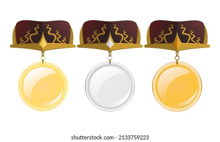 Icon set of medals in three flat colors: gold, silver and copper with colored stripes, decorative elements. For reward and gratitude