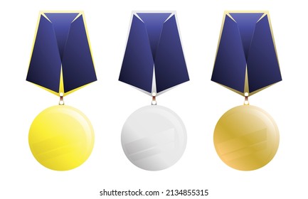 Icon set of medals in three flat colors: gold, silver and copper with colored stripes, decorative elements. For reward and gratitude