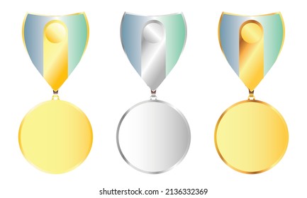 Icon set of medals in three flat colors: gold, silver and copper with colored stripes, decorative elements. For reward and gratitude