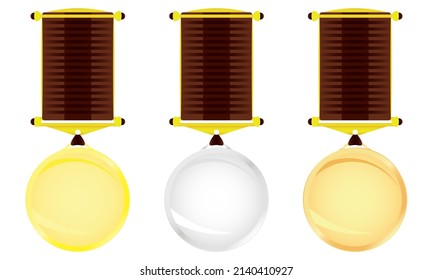 Icon set of medals in three gradient colors: gold, silver and copper with colored stripes, decorative elements. For reward and gratitude