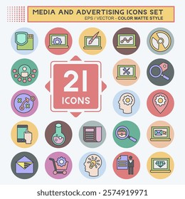 Icon Set Media and Advertising. related to Optimization symbol. color mate style. editable