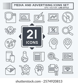 Icon Set Media and Advertising. related to Optimization symbol. line style. editable