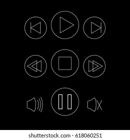 Icon set media player control button. White pictogram on black background Solid plain monochrome flat tile. Simple contemporary style. Web design element vector illustration