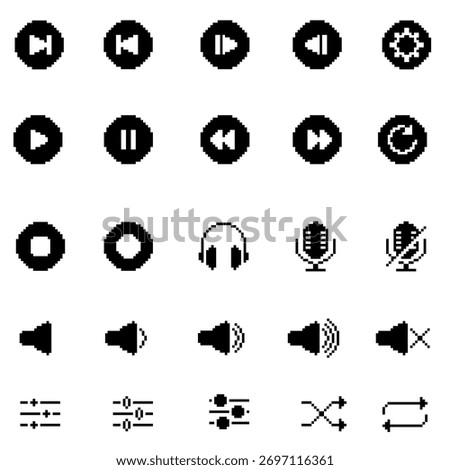 Icon set media player style pixel art black and white