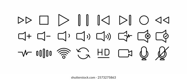 icon Set of media player and volume control symbols ideal for website, app, or print design related to audio,video ,playback controls.