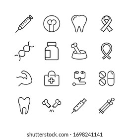 Conjunto de iconos médicos. Pictogramas vectoriales editables aislados en un fondo blanco. Símbolos de diseño para aplicaciones móviles y diseño de sitios web. Paquete Premium de iconos en estilo de línea de moda.