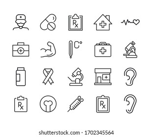 Conjunto de iconos médicos. Pictogramas vectoriales editables aislados en un fondo blanco. Símbolos de diseño para aplicaciones móviles y diseño de sitios web. Paquete Premium de iconos en estilo de línea de moda.