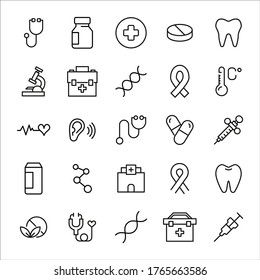 Icon set of medical. Editable vector pictograms isolated on a white background. Trendy outline symbols for mobile apps and website design. Premium pack of icons in trendy line style.