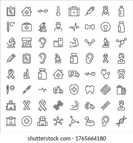 Symbolsatz der Medizin. Bearbeitbare Vektorgrafik-Piktogramme einzeln auf weißem Hintergrund. Trendy-Umrisssymbole für mobile Apps und Website-Design. Premium-Paket von Symbolen im trendigen Linienstil.