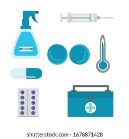 Icon set medical equipment.Pill.Disinfectant spray.Vector illustration.