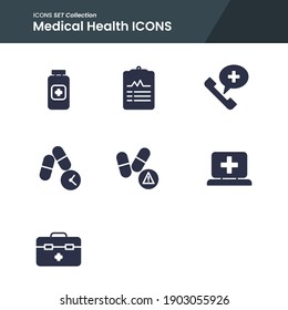 Icon Set Of Medical Health Emergency Call, Drug, Capsule And Many More. With Solid Style Vector. Suitable Use For Web App And Pattern Design.