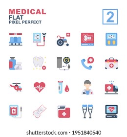 Icon Set Medical Made With Flat Color Technique, Contains A USG, Electrocardiogram, Dentist, Wheel Chair, Doctor, And More. You Can Be Used For Web, Mobile And Ui. Editable Stroke And Pixel Perfect.