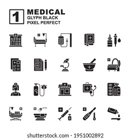 Icon set Medical made with Glyph black technique, contains a hospital, bed, stretcher, pharmacy, MRI, oxygen, nurse and more. You can be used for web, mobile and ui. Editable stroke and pixel perfect.